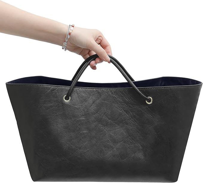 Doxo DupontPaper Purse Organizer Insert for Longchamp LePliage Large,Fixed Handle, Bag Shaper with Key Leash& 16 Compartments, Upgraded Elastic Cup Holder(Black Blue，L)