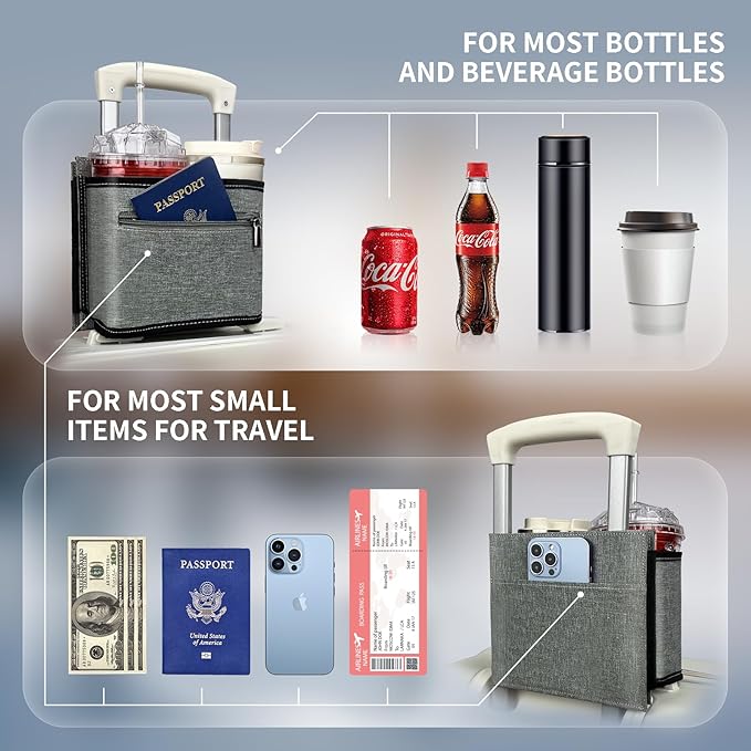 Travel Luggage Cup Holder, Vethers Drink Carrier, Luggage Cup Holder Attachment, Free Hand Suitcase Drink Carrier for Drinks Beverages, Coffee, Bottles, Snacks (Snowy Gray)