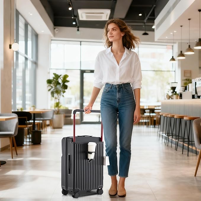 20 Inch Carry On Luggage with Spinner Wheels,PC Hard Shell Suitcase with USB Port,Lightweight Travel Luggage Airline Approved for Men Women, Black