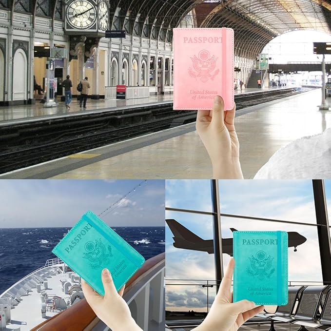 Passport Holder for Travel, 2 Pack Passport Cover, Waterproof Passport Wallet Leather Passport Holder Pen Holder Passport Holders for Women Men Family Travel Must Haves Essentials, Pink+Turquoise