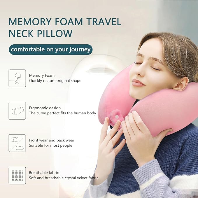 Travel Pillow Neck Pillow for Traveling Sleeping Memory Foam Neck Pillows Portable U-Shaped Neck Pillow Airplane Suitable for Camping Train Car Office Rest Pink