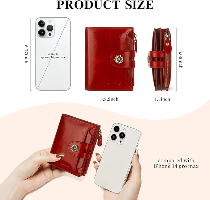 Leather Wallet Women,RFID Blocking Womens Wallet Bifold Compact Card Holder Small Wallet for Women with Removable ID Window Winered