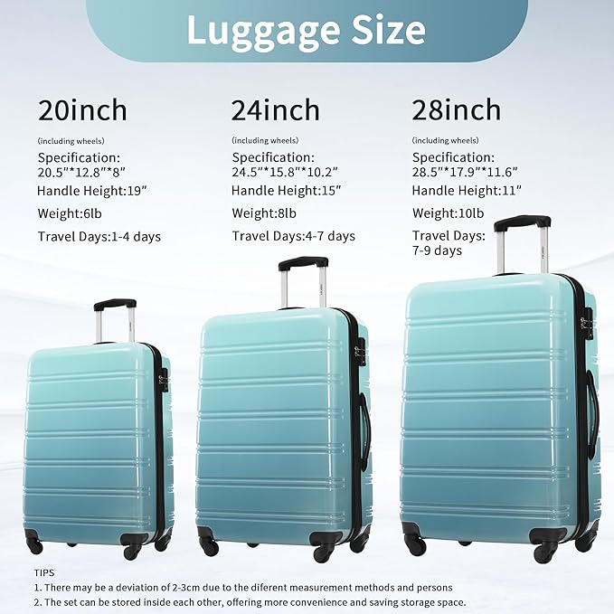 Merax Luggage Sets 3 Piece, Hardside Expandable Suitcase Set with Spinner Wheels, Lightweight Multicolor 20+24+28 IN Suitcase with Carry on Luggage, Gradient Blue
