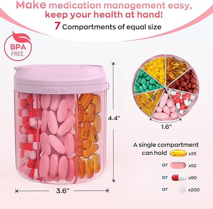 Pill Dispenser with 7 Large Compartments, Pill Bottle Organizer for Travel, Supplement Organizer with Anti-Mixing Design, Pink