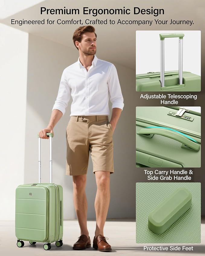 MILADA 20-Inch Expandable Carry On Luggage, Hard Shell Top-Opening Luggage with Wheels, TSA-Approved Small Travel Bag for Men and Women Carry-On Suitcase, Bamboo Green