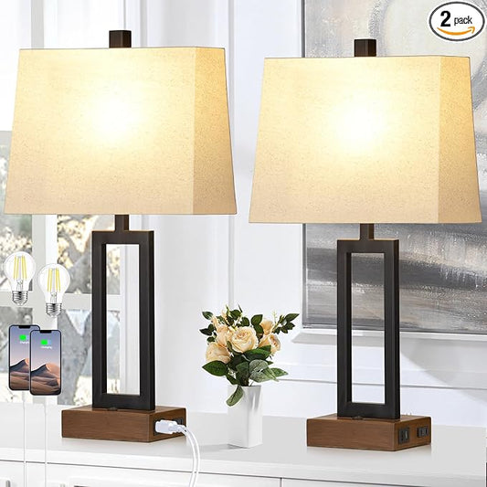 Lolikit Table Lamp for Bedroom Set of 2 with 2 USB Ports and AC Power Outlet, 23.5" Modern Bedside Lamp, Wood Nightstand Lamp with Linen Shade for Living Room Hotel Desk(LED Bulb Included)