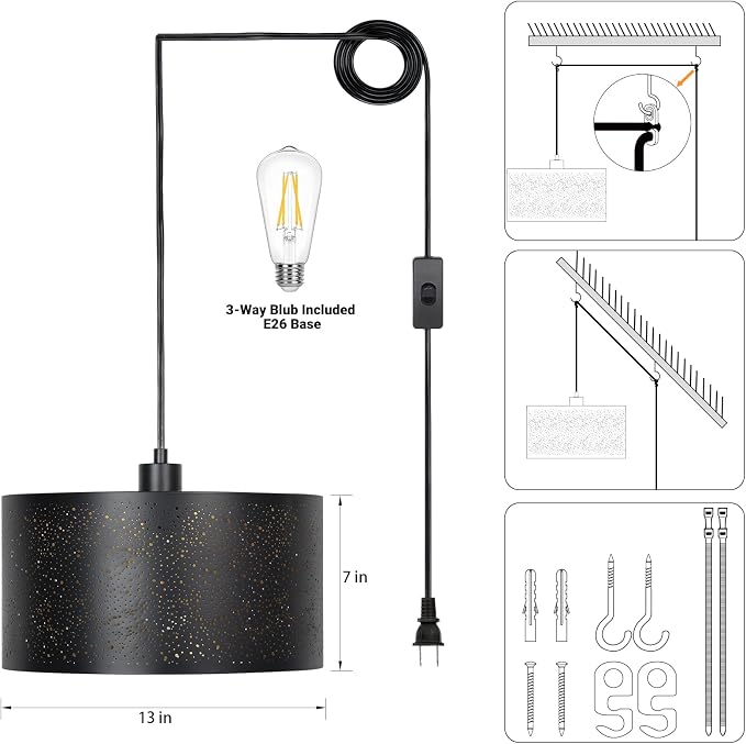 Qingmiao Boho Plug in Pendant Light, Black Shade, 3 Way Bulb, 14ft Cord | Hanging Lamp Plug in, 3-Way Dimmable Hanging Light Fixture for Living Room Bedroom Kitchen Ceiling Home Decor