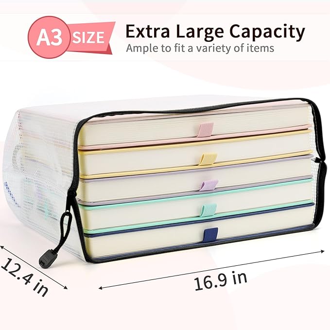 Umriox Zipper Pouch, 16.9x12.4 in (Black, 12 Packs), Extra Large Mesh Bags, Waterproof Zipper Pouches for Office Supplies, Puzzles, Board Game Storage & Cross Stitch Projects