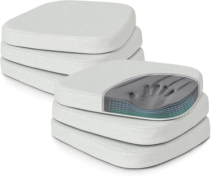 Shinnwa Dining Chairs Cushions Set of 6, Patented Design Memory Foam Kitchen Chair Pads with Ties and Washable Cover, 6 Pack, 17" x 16" x 2", Off White
