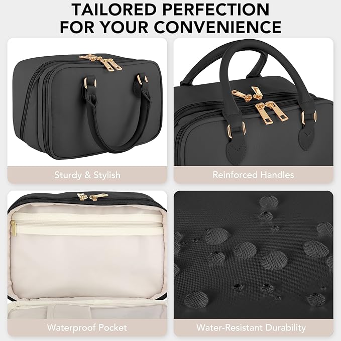 Travel Makeup Bag for Women Fashion Large Capacity Pouch Open Flat Cosmetic Portable Organizer Waterproof Large Opening Storage Toiletry Bags Vertical Free-Standing Brush Holder for Easy Access Black