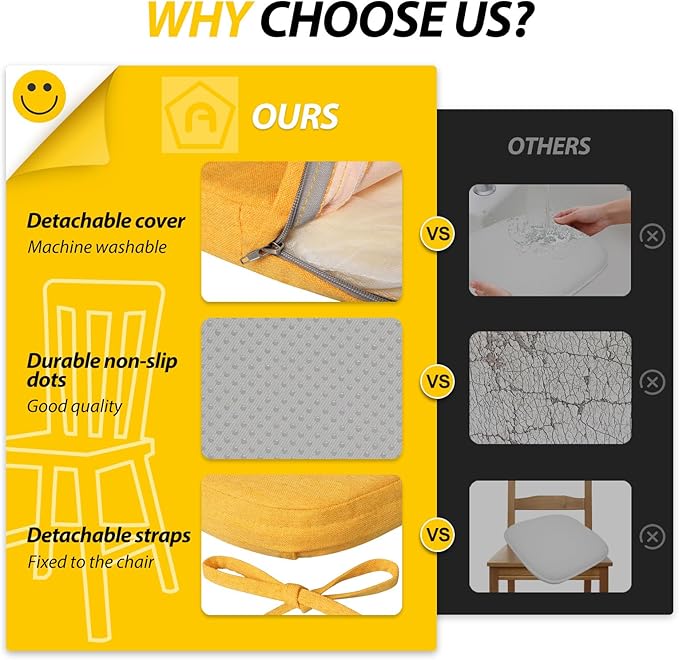 AAAAAcessories D-Shaped Chair Cushions, 2" Thick Dining Chair Pads with Ties and Removable, Machine-Washable Cover, 17" x 16", Set of 6, Golden Yellow