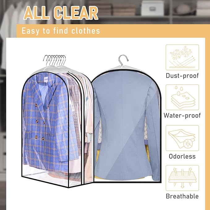 MISSLO 32" All Clear Garment Bags for Hanging Clothes 10" Gusseted Suit Bags for Closet Storage Suit Cover Hanging Clothes Storage for Shirts, Coats, 3 Packs