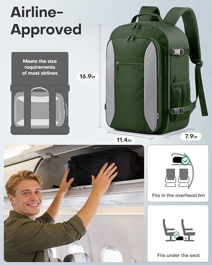 HOTOR Travel Backpack - TSA-Friendly Carry-On Backpack for Men & Women, Internal Luggage Straps & Waterproof Pocket, Perfect for Travel Essentials, Work, Commuting, 16.9" x 11.4" x 7.9", Green