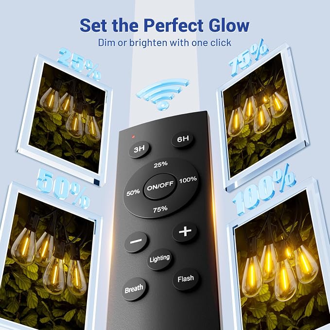 70FT Outdoor String Lights with Remote & Dimmable, 24+1 Shatterproof Waterproof Bulbs, Dimmable Outside Hanging Patio Lights for Backyard, Porch, Deck, Garden 2200K Warm Yellow