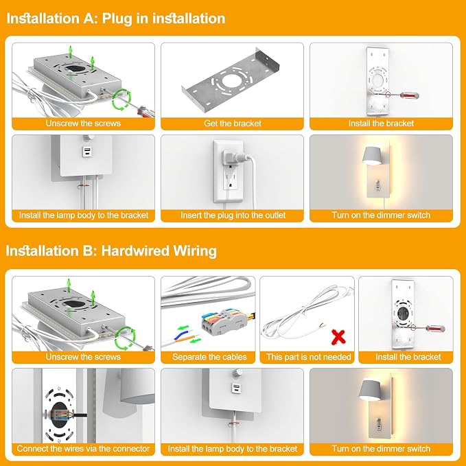 Plug in LED Wall Sconce Set of Two,Dimmable Bedside Wall Light with Dimmer and USB&C Ports,5CCT（3000K-6000K） LED Wall Mounted Lighting for Bedroom,Stairway,Basement,Cafe,Home Decor(2 Packs)