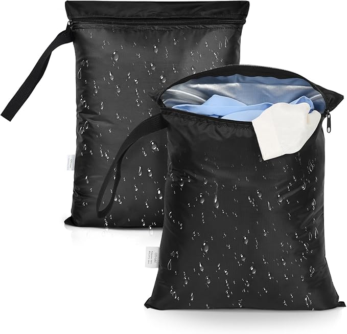 OTraki 2PCS Small Wet Bag for Swimsuit 12x14 Inch Wet Clothes Bag with Handle & Zippered Reusable Wet Dry Bag Waterproof Storage Bag for Beach Pool Yoga Gym,Drying Do Not Exceed 176℉ Black
