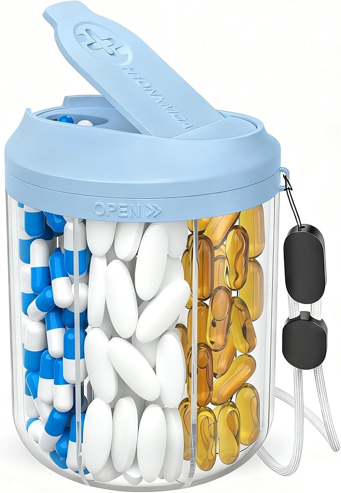 Pill Dispenser with 7 Large Compartments, 4.4" H x 3.6" Dia Pill Bottle Organizer for Travel, Supplement Organizer with Anti-Mixing Design, BPA-Free Pill Container with 20 Pcs Labels, Blue