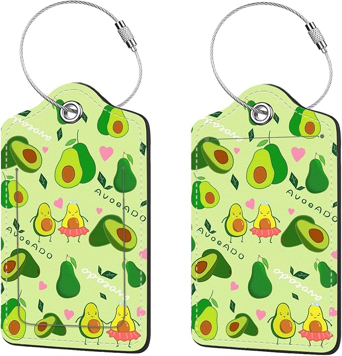2 Pcs Luggage Tags for Suitcase, Cute Unique PU Leather Travel Bag Tag with Privacy Cover ID Label Address Card and Durable Metal Ring Suitable for Men Women Children Backpack,Avocado
