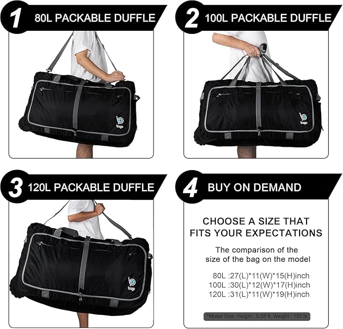 Bago Extra Large Duffle Bag for Travel Women & Men. Durable, Lightweight, Foldable Travel Duffel Bags For Traveling Women. 140L Duffle Bags Use As a Weekender Bag with Shoe Compartment, Checked Duffel
