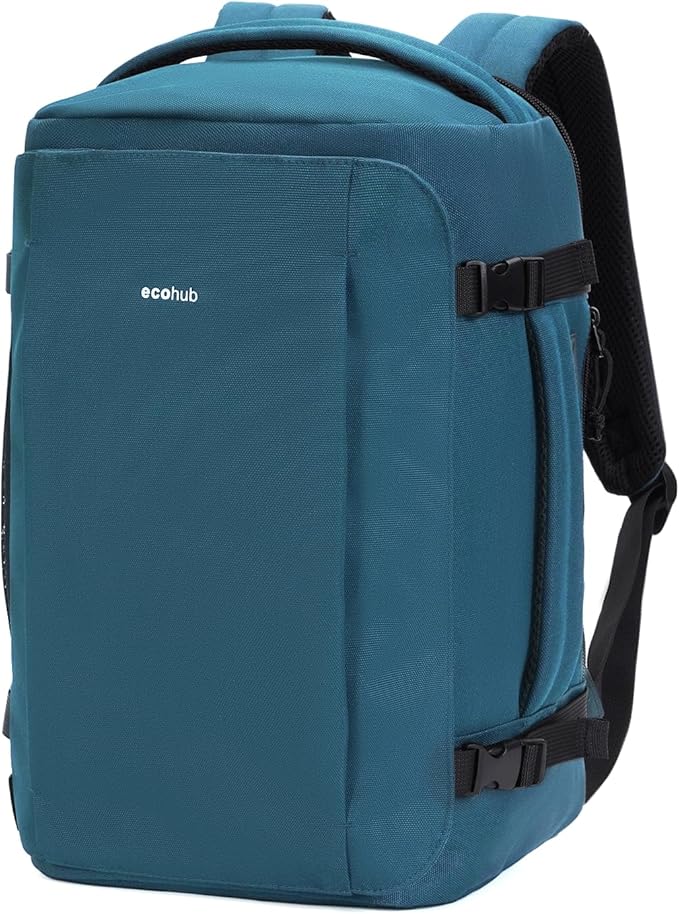 ECOHUB 40L Carry-On Travel Backpack, TSA-Friendly, Anti-Theft Water-Resistant Lightweight with 17.3″ Laptop Compartment, Durable PFAS-Free Rucksack, Green