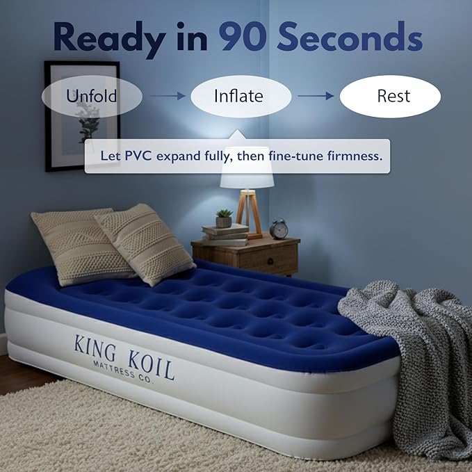 King Koil Luxury Twin Air Mattress with Built-in Pillow Top & Integrated High-Speed Patented Pump – 20" Inflatable Twin Blow Up Airbed for Camping, Home & Guests, Waterproof, 1-Year Warranty