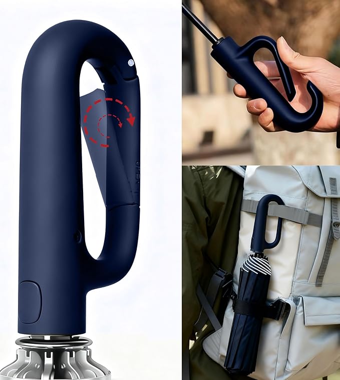 SIEPASA Travel Umbrella with Carabiner Handle - Windproof 10 Ribs Auto Open/Close for Rain & Sun Protection, Compact Portable Clip-on Backpack Design with Safety Reflective Strip.