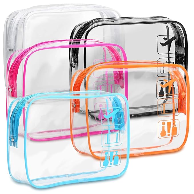 F-color TSA Approved Toiletry Bag 5 Pack Medium - Clear Makeup Bag Travel Quart Size for Women Men, Clear Cosmetic Bag Airport Airline Compliant Carry on Bag, 5 Colors