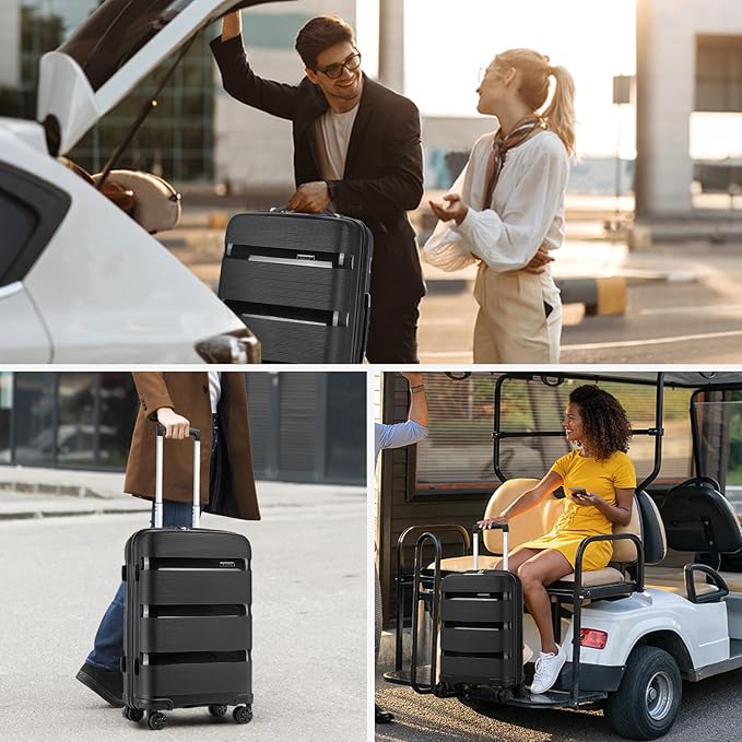 Kono Luggage Sets 3 Piece Hard Shell Travel Trolley 4 Spinner Wheels Lightweight Polypropylene Suitcase with TSA Lock (Black, 20/24/28 Set)