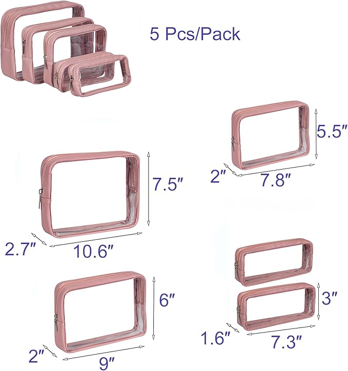TSA Approved 5-Piece Diaper Bag Organizer Pouch Set Clear Waterproof TPU Kids Toiletry Storage Set Travel Packing Clutch Cube Bags for Baby Nursing (Light Pink Leather)