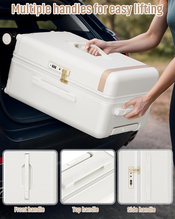 Joyway 22 Inch Carry on Luggage with Cup Holder, Hard Shell Suitcases with Shock Absorbing Spinner Wheels and Pressure-resistant Frame, Lightweight Carry-on Luggage with TSA Lock, Beige
