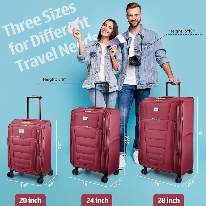 Verdi Softside Expandable 24 Inch Luggage with Spinner Wheels Lightweight Suitcase (Burgundy, Checked-Large 24-Inch)