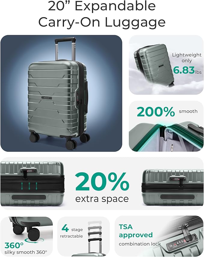 BAGSMART Carry On Luggage 22x14x9 Airline Approved with Spinner Wheels,Lightweight 20 Inch Luggage with TSA Lock,Expandable Hard Shell Carry On Suitcases for Men Women,Olive