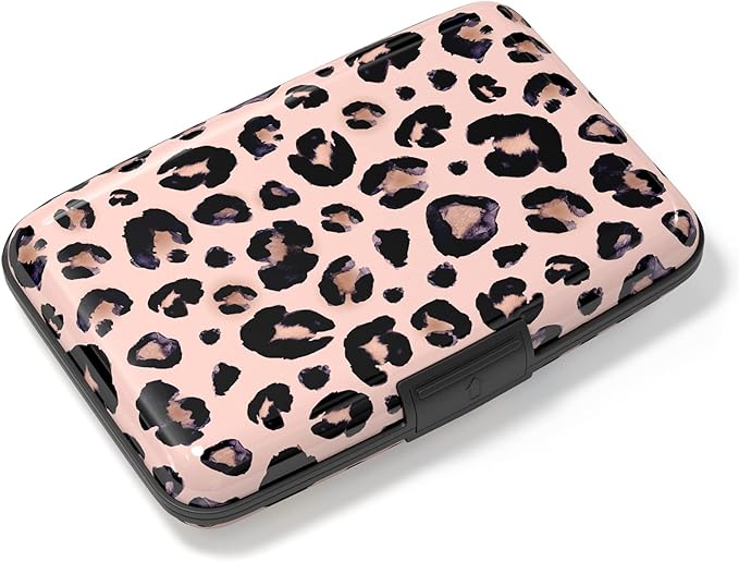 Credit Card Holder, Mini Aluminum Card Wallet RFID Blocking Slim Metal Hard Card Case for Women Men, Pink Leopard