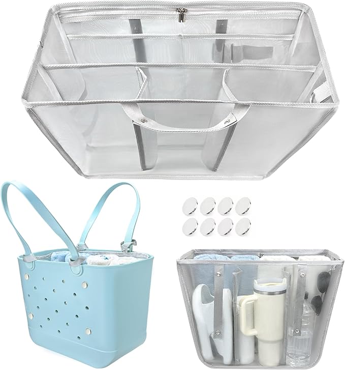 XYFuuee Beach Bag Organizer Insert for XL Simple Modern Bag Accessories with 8 Removable Metal Fasteners, Extra Large Lightweight Mesh Inserts Divider Pouch, Organizing Rubber Tote, Save Space, Gray