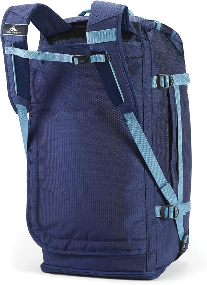 High Sierra Fairlead Travel Overnight Duffel Backpack Gym Bag with Padded Handles, Compression Straps, and Multiple Pockets, True Navy/Graphite Blue