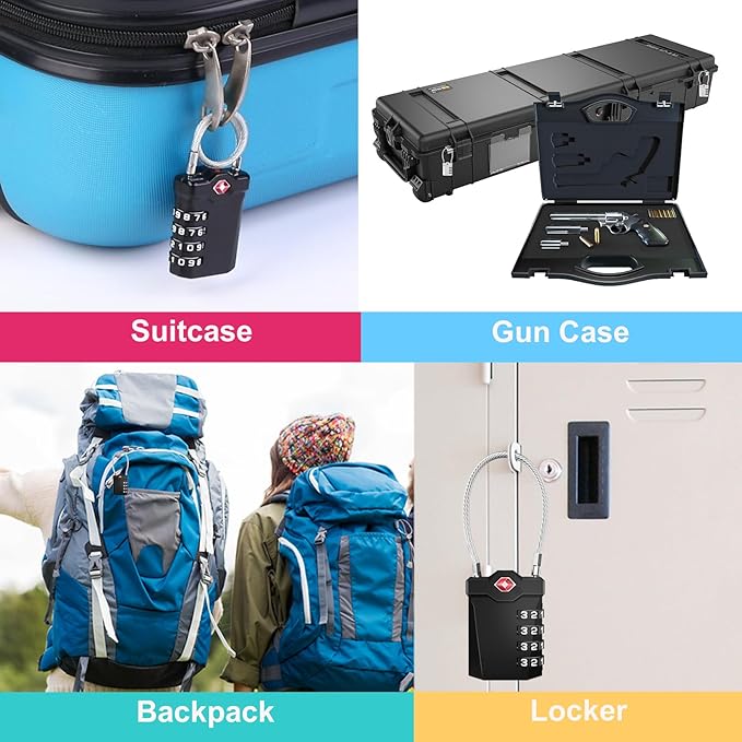 ZHEGE Travel Locks, TSA Approved Locks for Luggage, 4 Digit Cable Lock with Inspection Indicator for Luggage Suitcase, Backpack, Baggage, Easy to Read（4 Pack, Black）