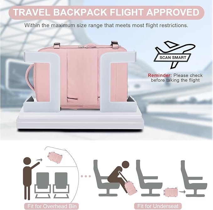 Travel Backpack for Women Airline Approved Carry on Backpack for Airplanes Mochila De Viaje Personal Item Travel Bag Spirit Airlines Personal Item Bag 18x14x8 Backpack for Traveling on Airplane Pink