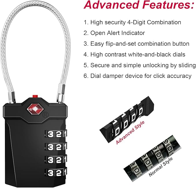 ZHEGE Travel Locks, TSA Approved Locks for Luggage, 4 Digit Cable Lock with Inspection Indicator for Luggage Suitcase, Backpack, Baggage, Easy to Read（4 Pack, Black）
