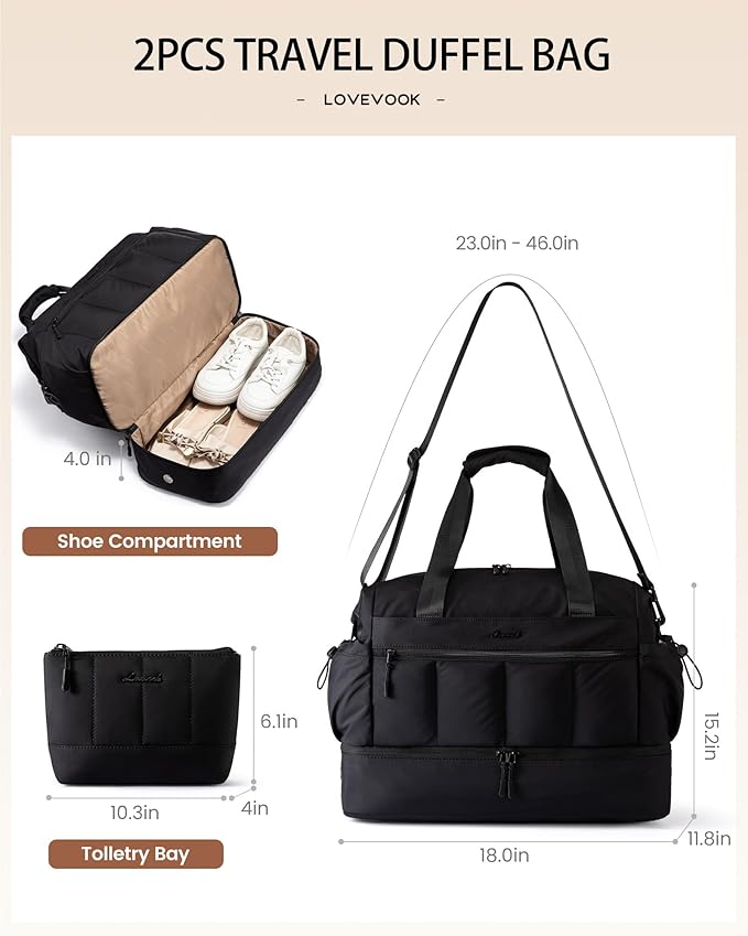 LOVEVOOK Weekender Bags for Women, Travel Duffel Bag, Large Overnight Bags with Shoe Compartment, 38L Carry on Gym Hospital Bag with Wet Pocket, 2 Pcs