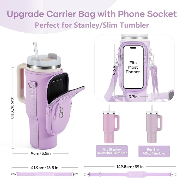 linmaya Water Bottle Carrier Bag for Stanley Cup 40/30oz with Phone Holder Pockets,Neoprene Water Bottle Cross-body Bag with Adjustable Shoulder & Hand Strap Stanley Cup Accessories