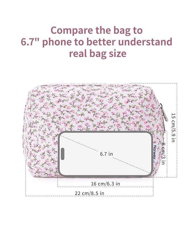 Narwey Cute Floral Makeup Bag Travel Cosmetic Bag Organizer Toiletry Bag Make Up Bags with Compartments for Women Girls (Pink Flower, Large)