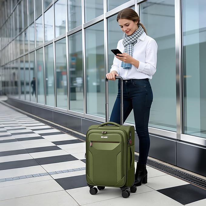Carry on Luggage 22 X 14 X 9 Airline Approved,22 Inch Softside Suitcases w/TSA LOCK,Lightweight Carry-On Suitcase w/Spinner Wheels,Upright Softshell Luggage for Men/Women（Green,22in）