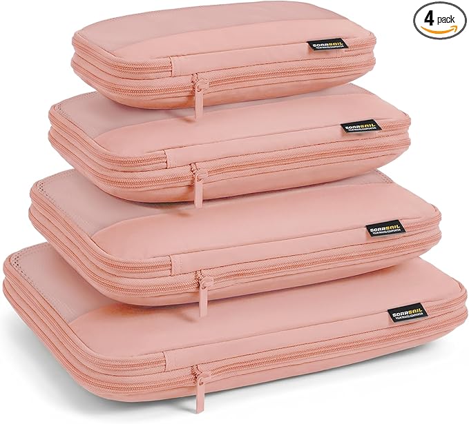 4 Piece Compression Packing Cubes for 3–7 Day Travel, Lightweight Travel Organizers with Breathable Mesh, Double-Zipper Packing Cubes for Carry-On & Suitcases (Dusty Pink)