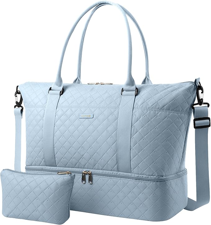HOTOR Travel Duffel Bag - Weekender Bags for Women, Gym Tote Bags with Shoe Compartment, Carry On Overnight Bag with Toiletry Bag for Travel Essentials and Travel Accessories, Blue, 13.4"×17.3"×7.9"