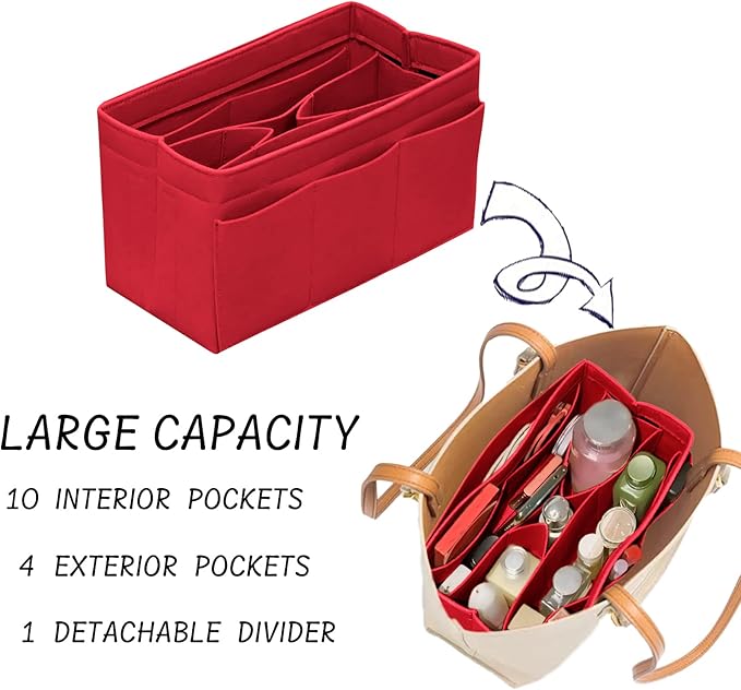 DailyPlus Purse Organizer Insert, Felt Bag Organizer, 14 Pockets, Red, X-Large