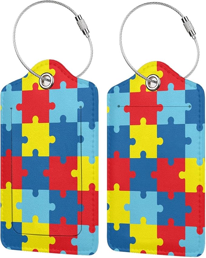 Autism Awareness Puzzles 2 Pcs Luggage Tags, Privacy Cover Id Label with Stainless Steel Loop and Address Card for Suitcases & Travel Bags