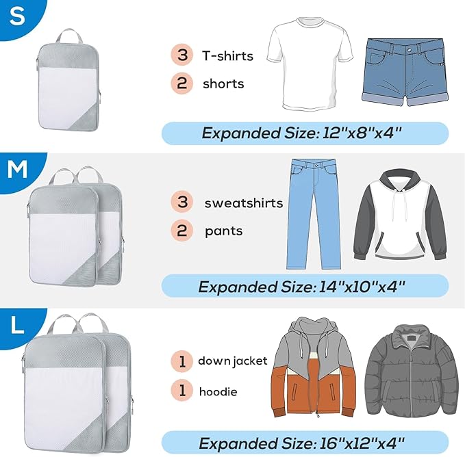 Compression Packing Cubes, 7 Set Packing Cubes for Travel Compression, Lightweight Compressible Package Organizer for Carry On and Suitcases, Light Grey