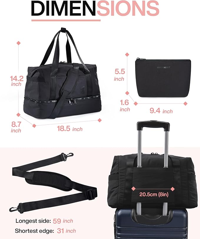 Weekender Bags for Women, BAGSMART Travel Duffel Bags with Shoe Compartment,Personal Item Travel Bag for Airlines, Carry on Overnight Tote Bag with Toiletry Bag(Black,2pcs)