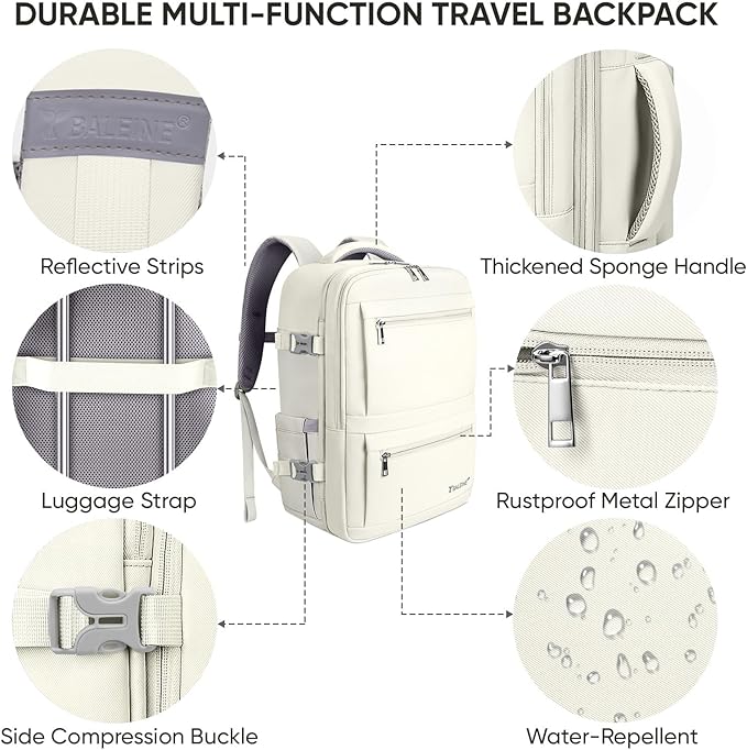 BALEINE Travel Backpack for Women Men, Large Sturdy Carry On Laptop Backpack Gifts for Business, Casual, Weekender, Hiking (Large, Beige)