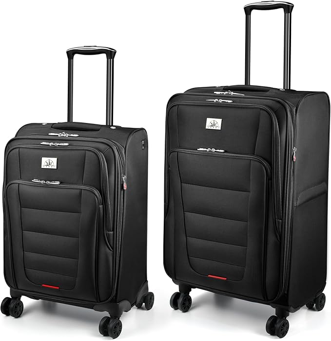 Verdi Luggage 2 Piece Set Suitcase Spinner Wheels Softshell Expandable, Carry On Luggage with USB Port (Black, 2-Piece set(20/24))